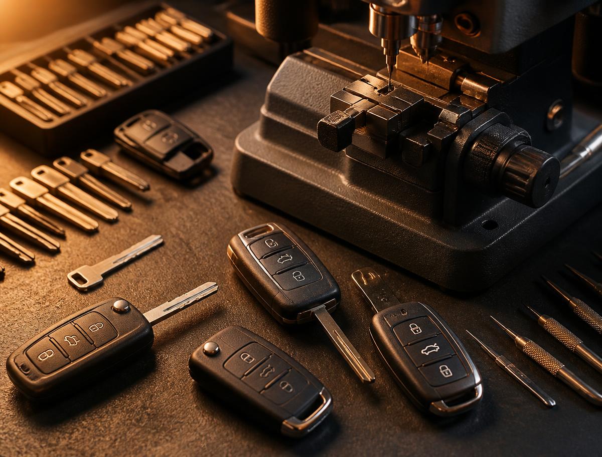 Remote car key fobs, transponder key blanks and a key cutting machine on an automotive locksmith workbench